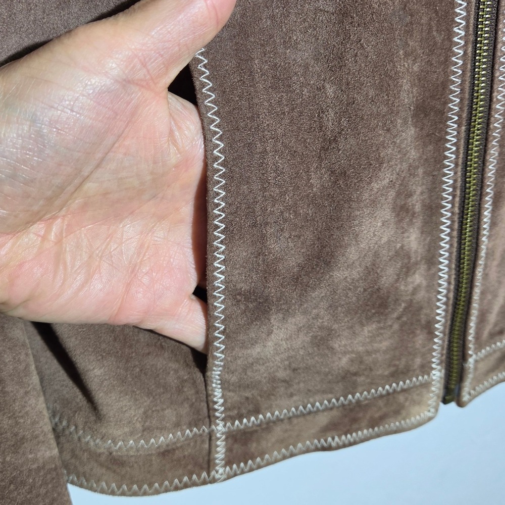 Authentic Washable Suede Jacket Womens M Brown Good Hooded Zip Leather Stitching - Picture 10 of 11